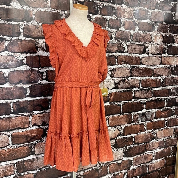 Ryegrass Dress NWT V Neck Ruffles Knee Length Foxtail Orange XX Large XXL - Picture 9 of 17